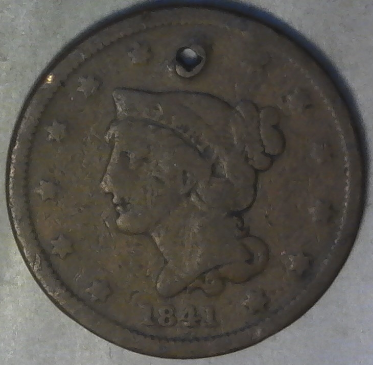 1841-Braided-Hair-Large-Cent---Holed,-Scratched